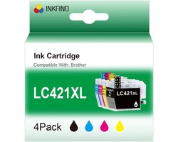 INKFIND LC421XL inktcartridge voor BrotherLC421 BrotherLC421XL Brother LC-421 LC-421XL Multipack van 4 stuks (1 x Zwart, 1 x Cyaan, 1 x Magenta, 1 x…