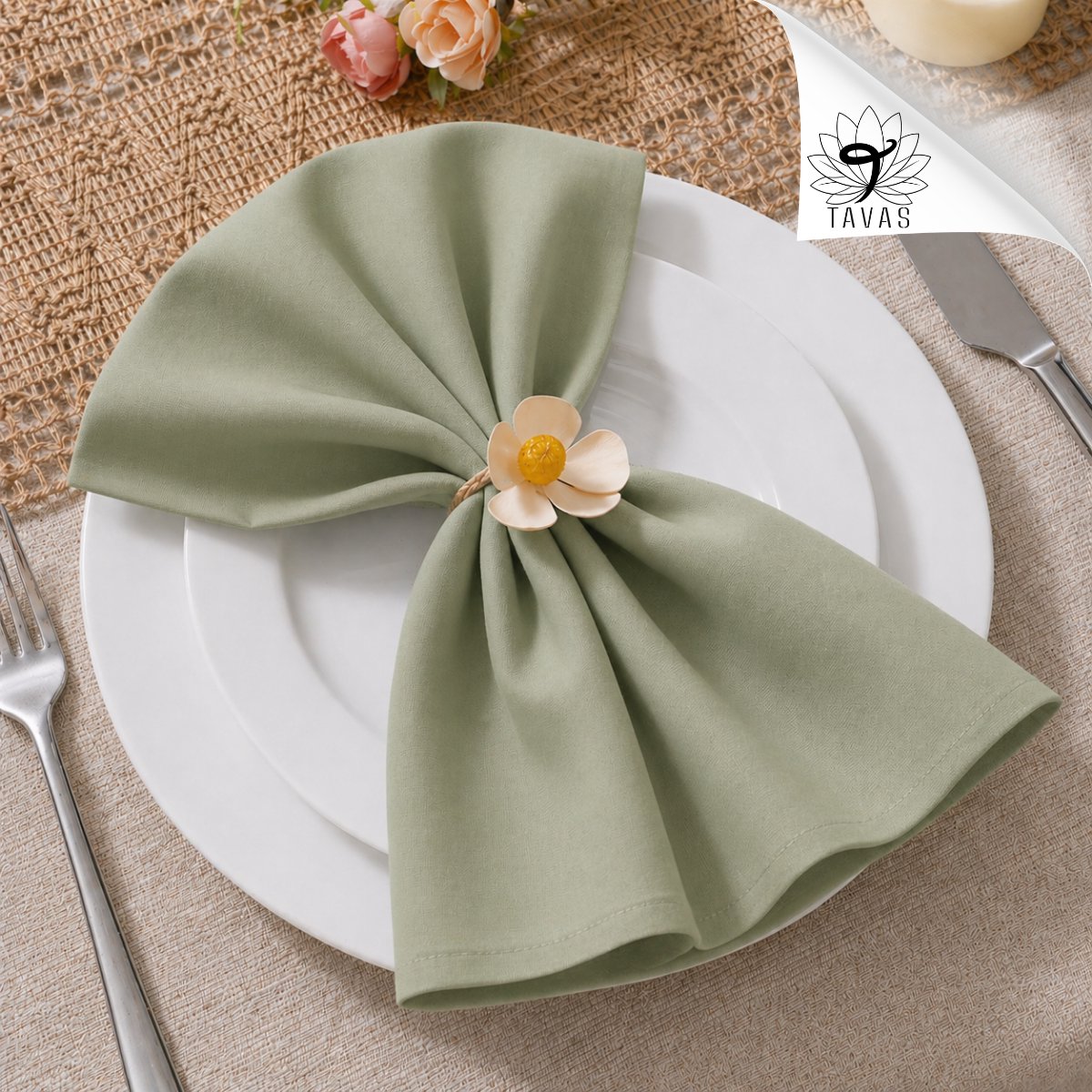 Tavas Servetten - 30 x 30 cm - Set van 4 stuks - Matchagroen - Katoen — cadeau in Wonen & Interieur - foto 4