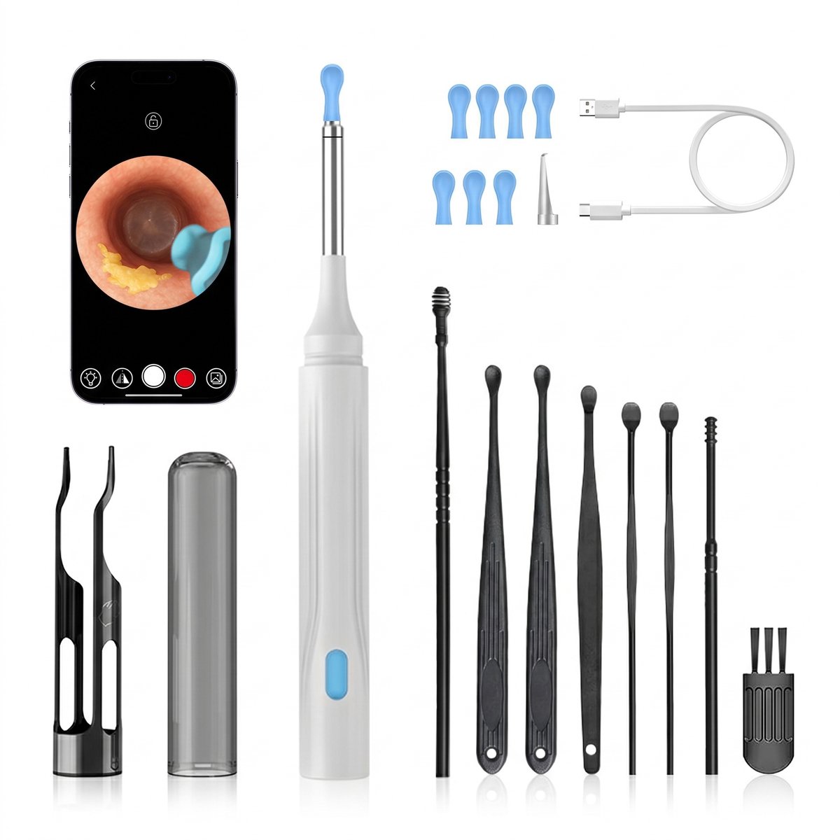 Sogiol® Oorsmeer Verwijderaar met Camera - Oorreiniger - Ear Cleaner - Oor Schoonmaken - Earscratcher - Oorlepel - Ultra HD Camera- Lange batterij - oor camera - oor cleaner - Inclusief reinigingsset - Wit