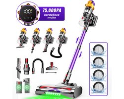 Hiaonyx steelstofzuiger - 9-in-1 steelstofzuiger draadloos - 75000pa - Met dierenborstel - LED Groene Stofdetectielamp - Geschikt voor Tapijten - Harde Vloeren en Dierenharen - 2-liter stofopvangbox - paars/goud