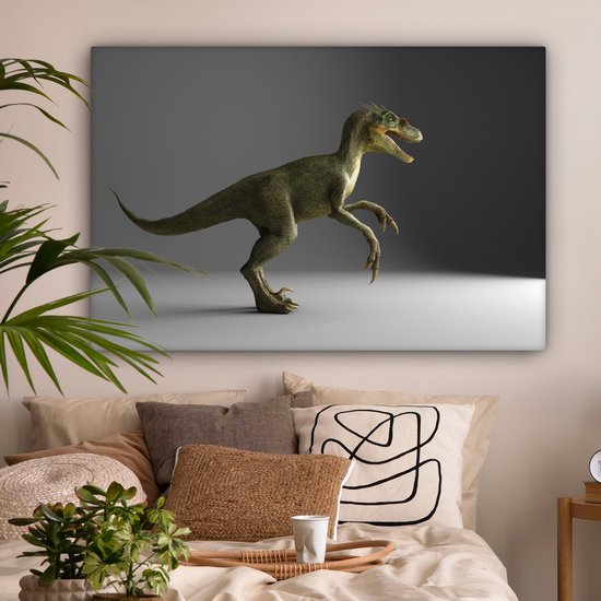 Canvas schilderij 150x100 cm - Wanddecoratie Velociraptor - Dinosaurus - Grijs - Muurdecoratie woonkamer - Slaapkamer decoratie - Kamer accessoires - Schilderijen op canvas