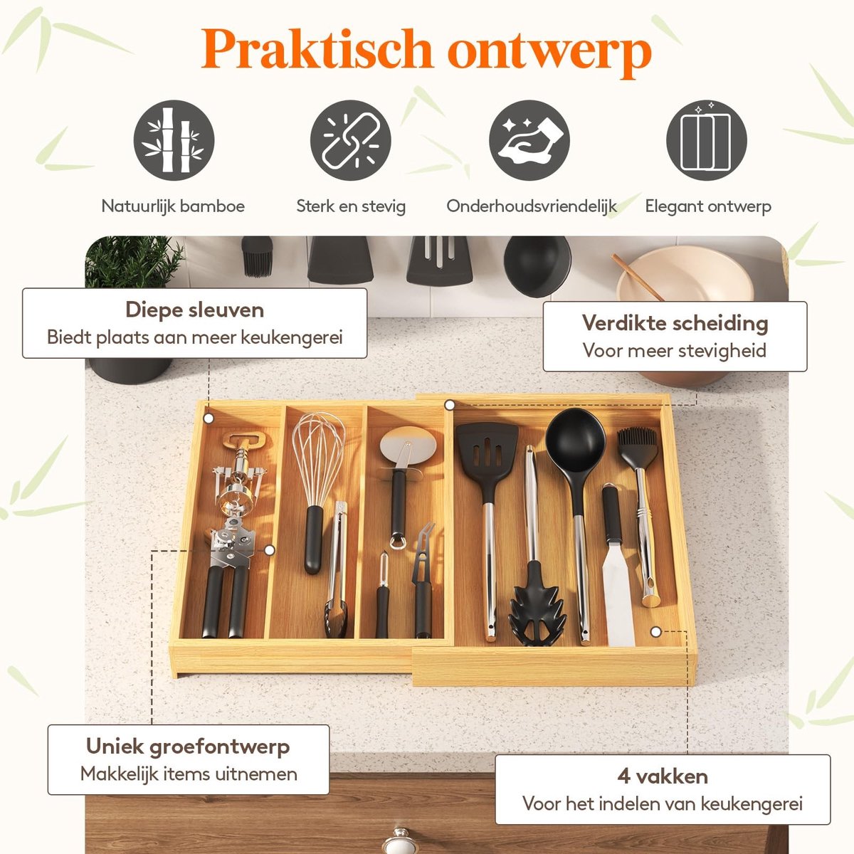 Dailygoods - Innovra - Dailygoody - Uitschuifbare Besteklade - Bamboe Bestekorganiser - Verstelbaar en Ruimtelijk - Natuurlijk - Keukenlade-Organiser - Geschikt voor Lepels ...