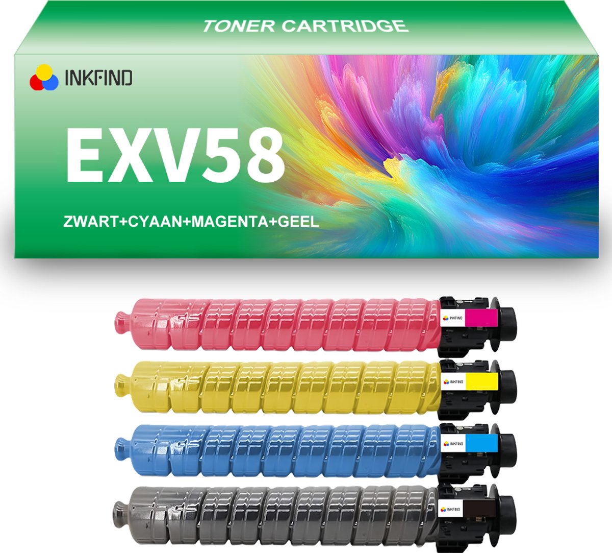 INKFIND EXV58 Zwart/Cyaan/Magenta/Geel tonercartridge compatibel met Canon C-EXV58 EXV58 geschikt voor Canon imageRUNNER ADVANCE DX C5870i/C5860i/C5850i/C5840i - 4-pack BKCMY