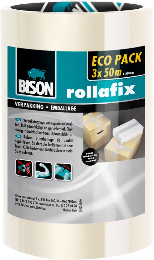Bison Rollafix Eco Pack verpakkingstape 3x 50m x 5cm. Transparant, oplosmiddelvrij en met de hand afscheurbaar. Tekst: Verpakking, Emballage, Oplosmiddelvrij.