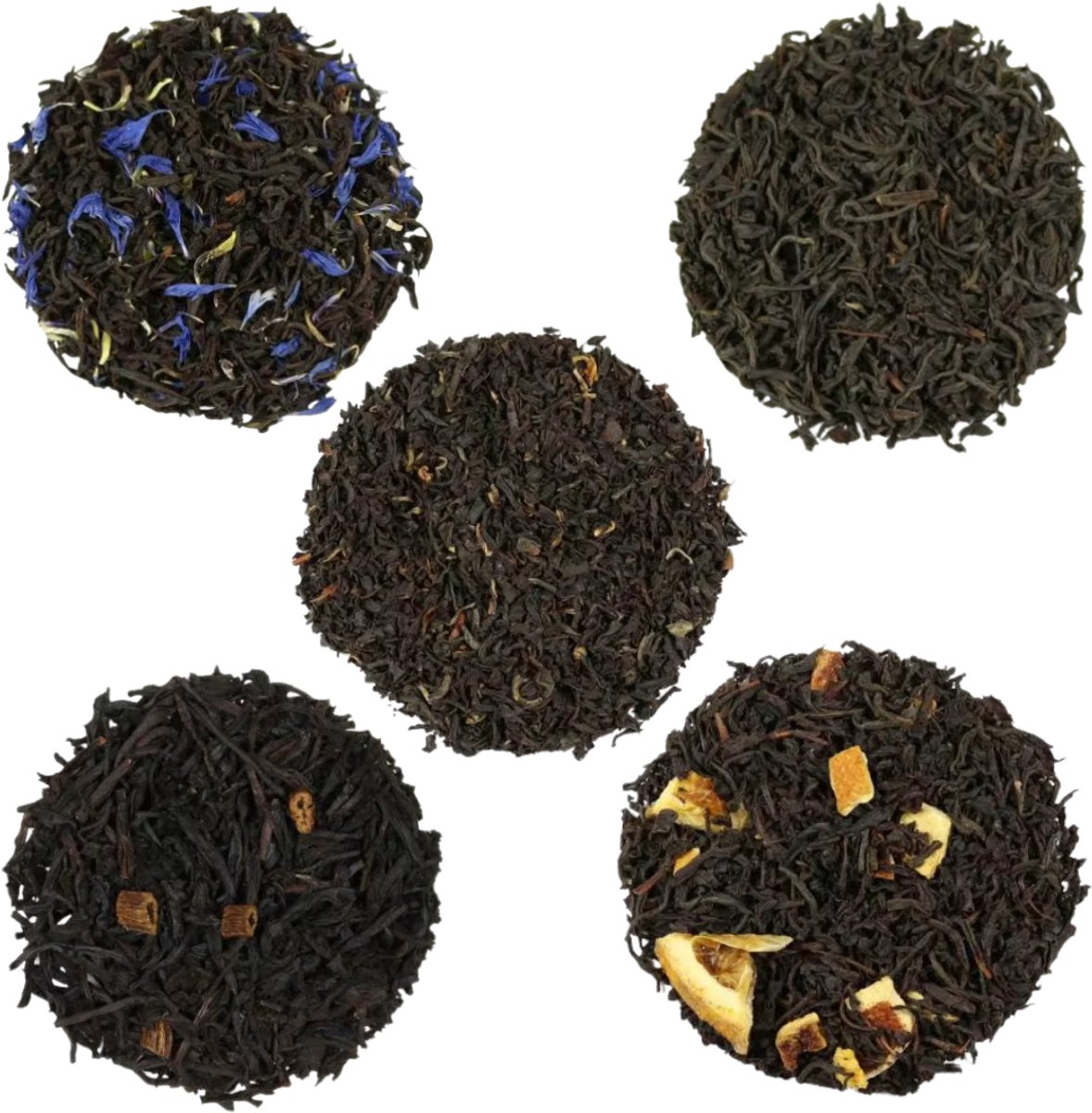 Proefpakket Zwarte Thee – 5 x 15g Losse Thee – English Breakfast, Korenbloem, Vanille, Sinaasappel & Assam 2nd Flush