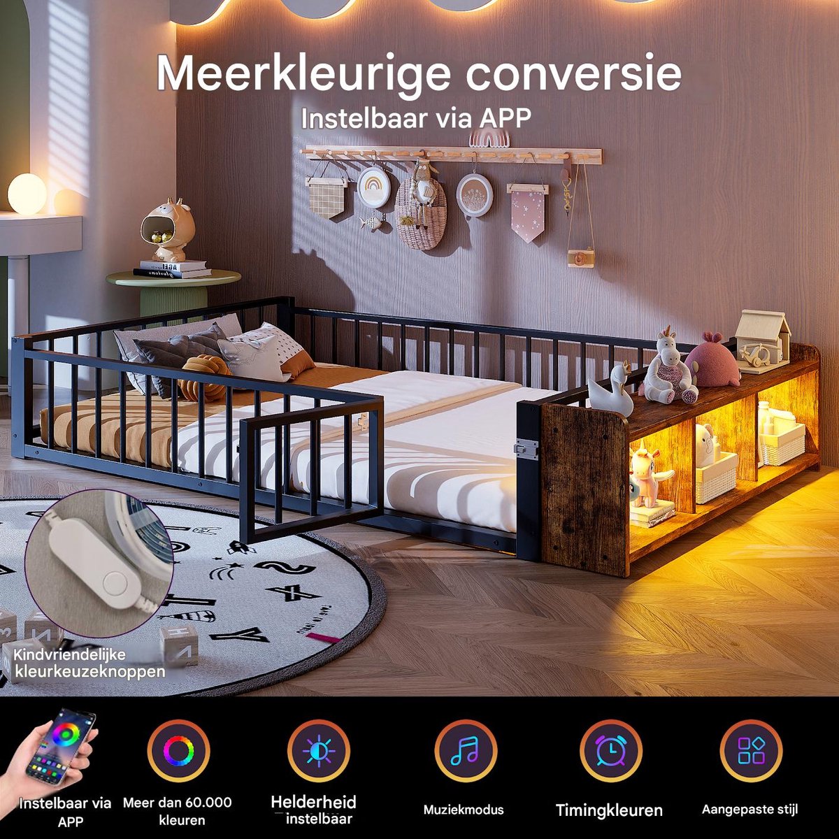 VVBV Metalen Bed 140x200 cm met Uitvalbeveiliging, Planken - LED-Verlichting - Metaal Zwart - Zonder Matras