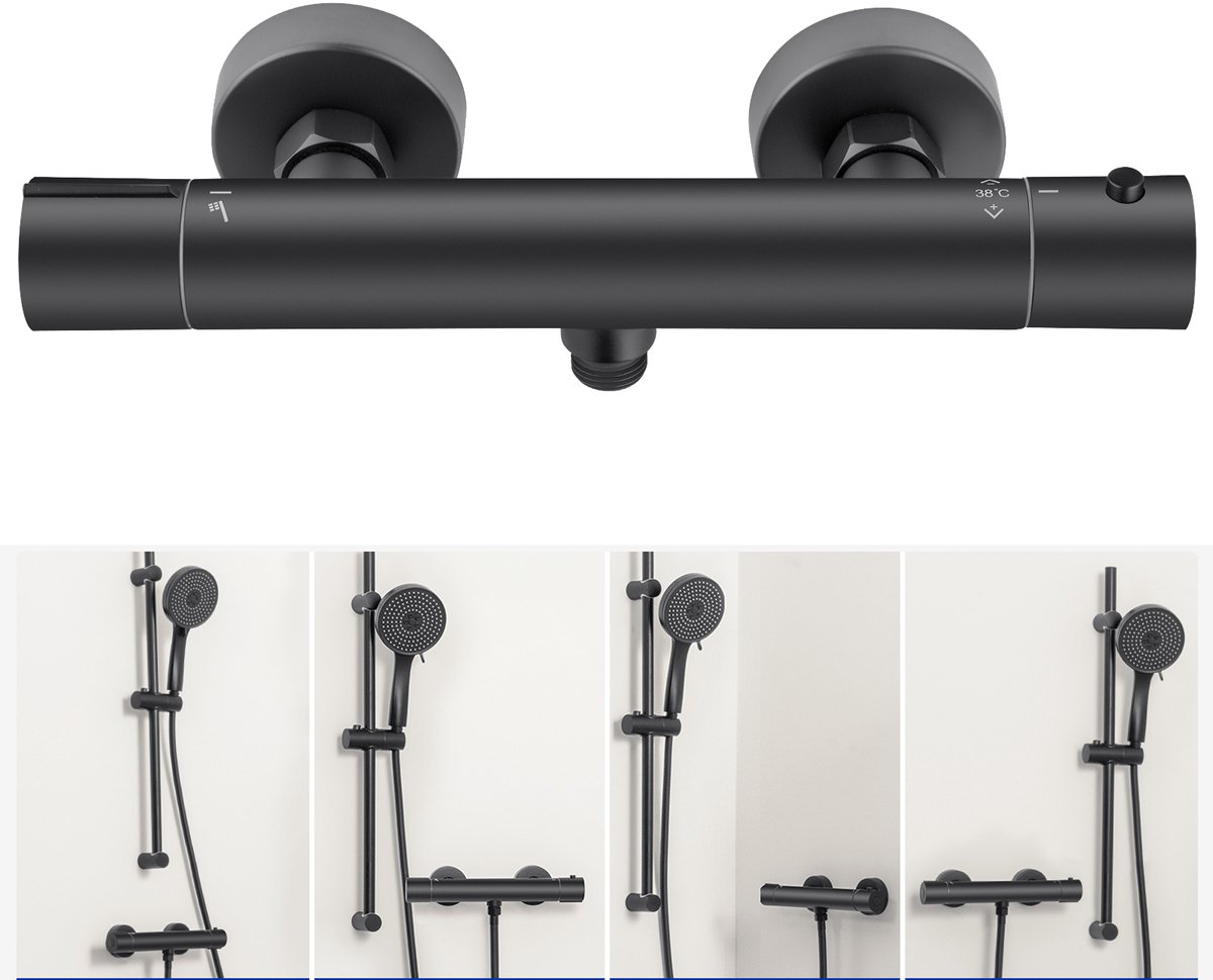 DERW MAX Thermostatische Douchekraan - Hartafstand 15 CM - 38℃ Thermostatische - Inclusief koppelingen - Zwart