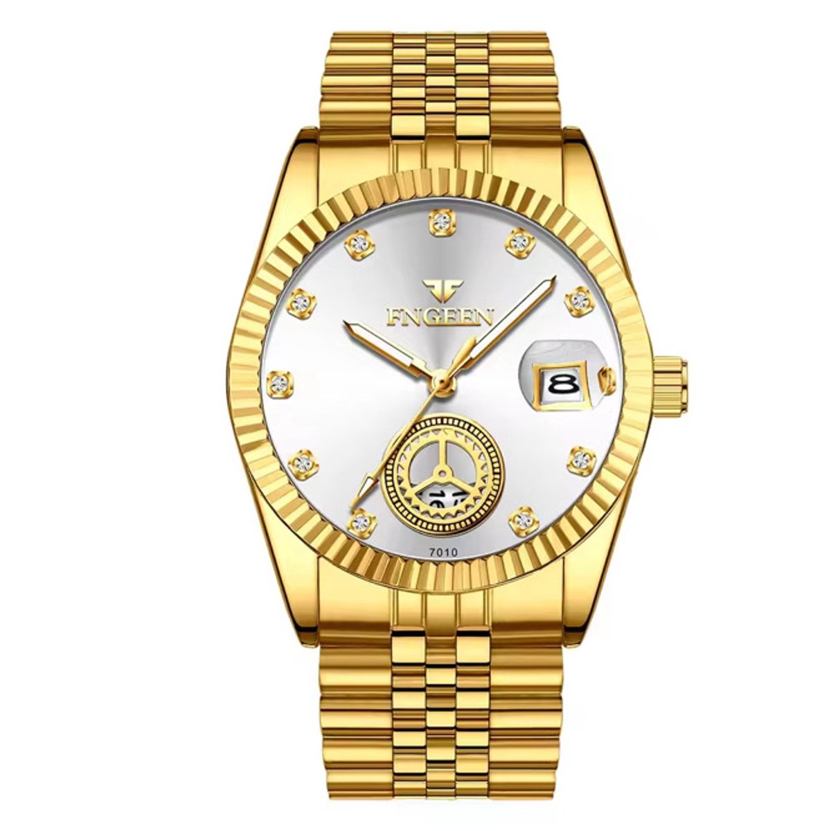 Selevie Horloge Just I - Gouden schakelband met witte wijzerplaat - Luxe Herenhorloge
