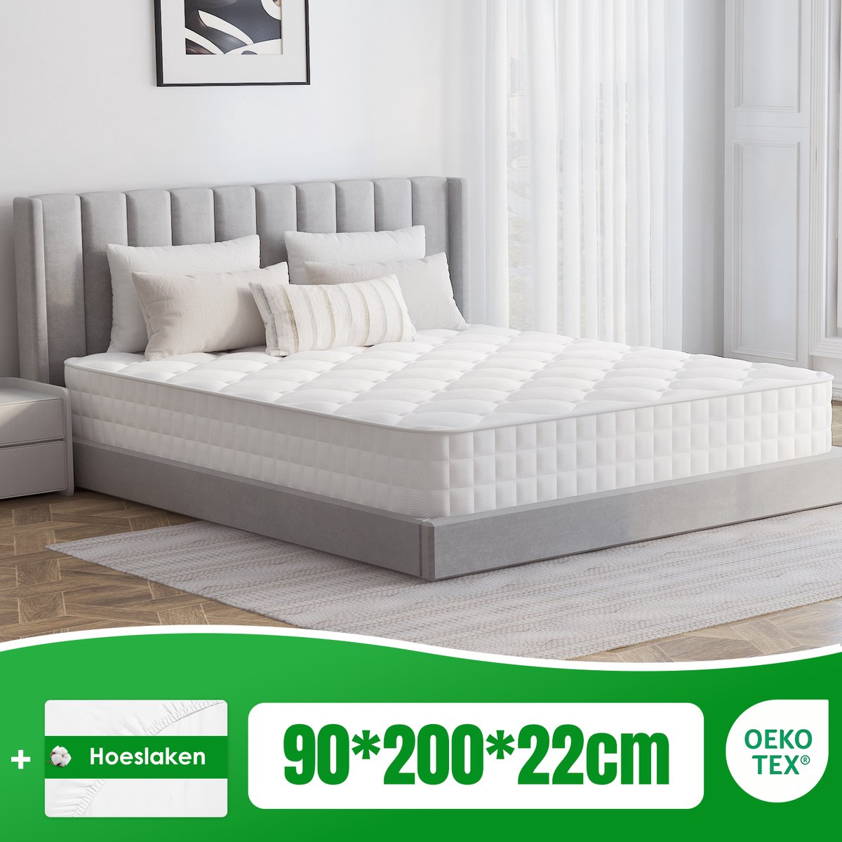 Matras 90x200 - matras 22cm dik - 7 zones - pocketvering matras - Orthopedisch - OEKO-TEX Gecertificeerd - 10 Lagen Hoogwaardige Materialen - Anti-Allergische - Eenpersoonsmatrassen - medium - Voor Kinderen en Volwassenen