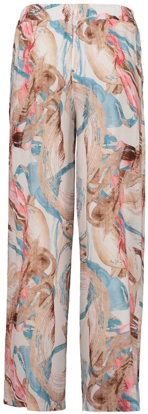 Wijde broek met aquarelprint in blauw, roze en bruin.
