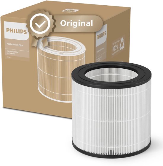 Filtre de remplacement Philips avec HEPA et préfiltre, présenté à côté de son emballage d'origine marqué d'une coche.
