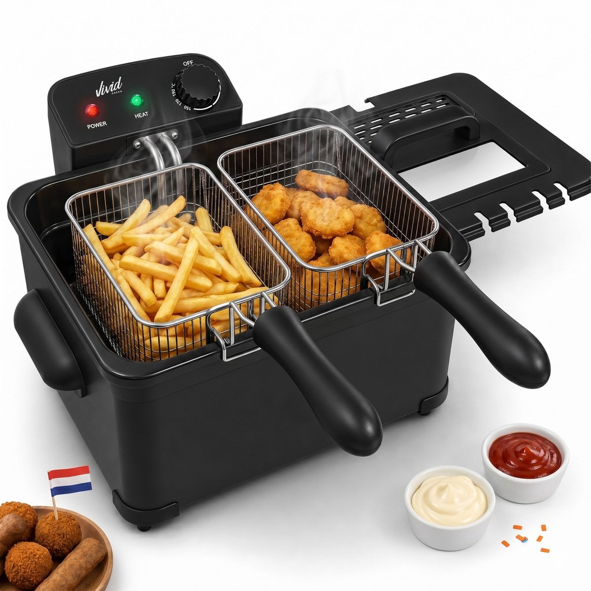 Frituurpan - 5 Liter - 3 Manden - Kijkvenster - Friteuse - Koude Zone - Zwart- Vivid Green