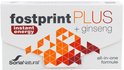 Doos "fostprint PLUS instant energy + ginseng", met geometrisch oranje/rood patroon, SoriaNatural logo.