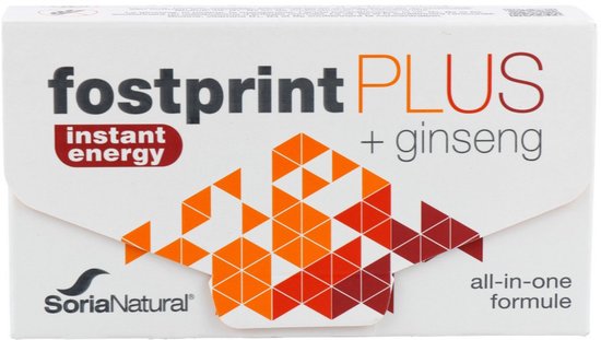 Doos "fostprint PLUS instant energy + ginseng", met geometrisch oranje/rood patroon, SoriaNatural logo.