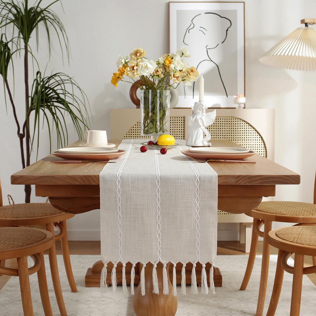 Rustieke Linnen Tafelloper, Tafelloper In Boerderijstijl Met Handgemaakte Kwastjes, Geschikt Voor Feest- En Restaurantdecoraties (33*183cm, Gebroken Wit).