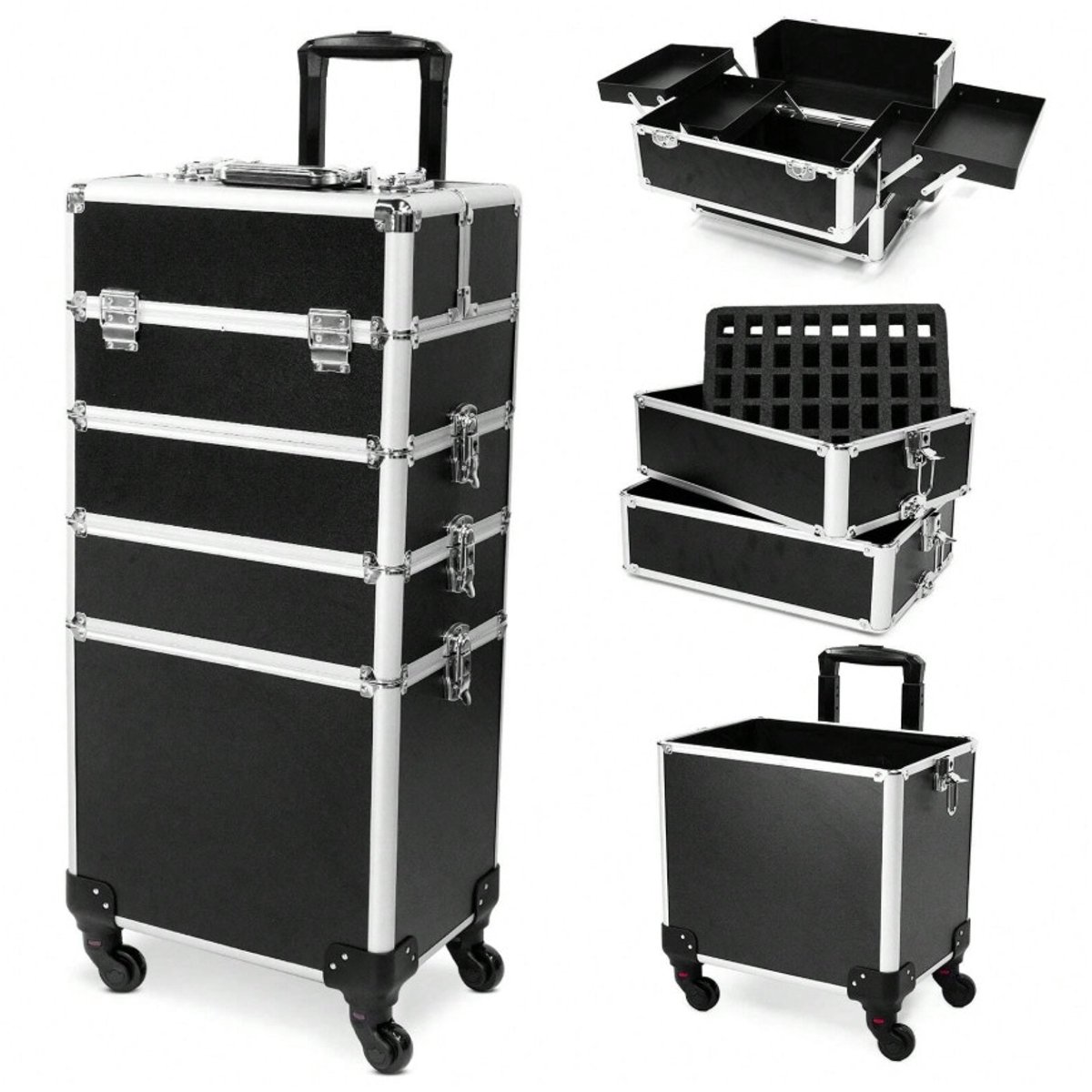 NETTLIFE Make-up Koffer Met Wielen - Zwart - 5 Lagen - Grote Capaciteit - Modern Design - Met Uitschuifbare Handgreep - Voor Cosmetica En Visagie