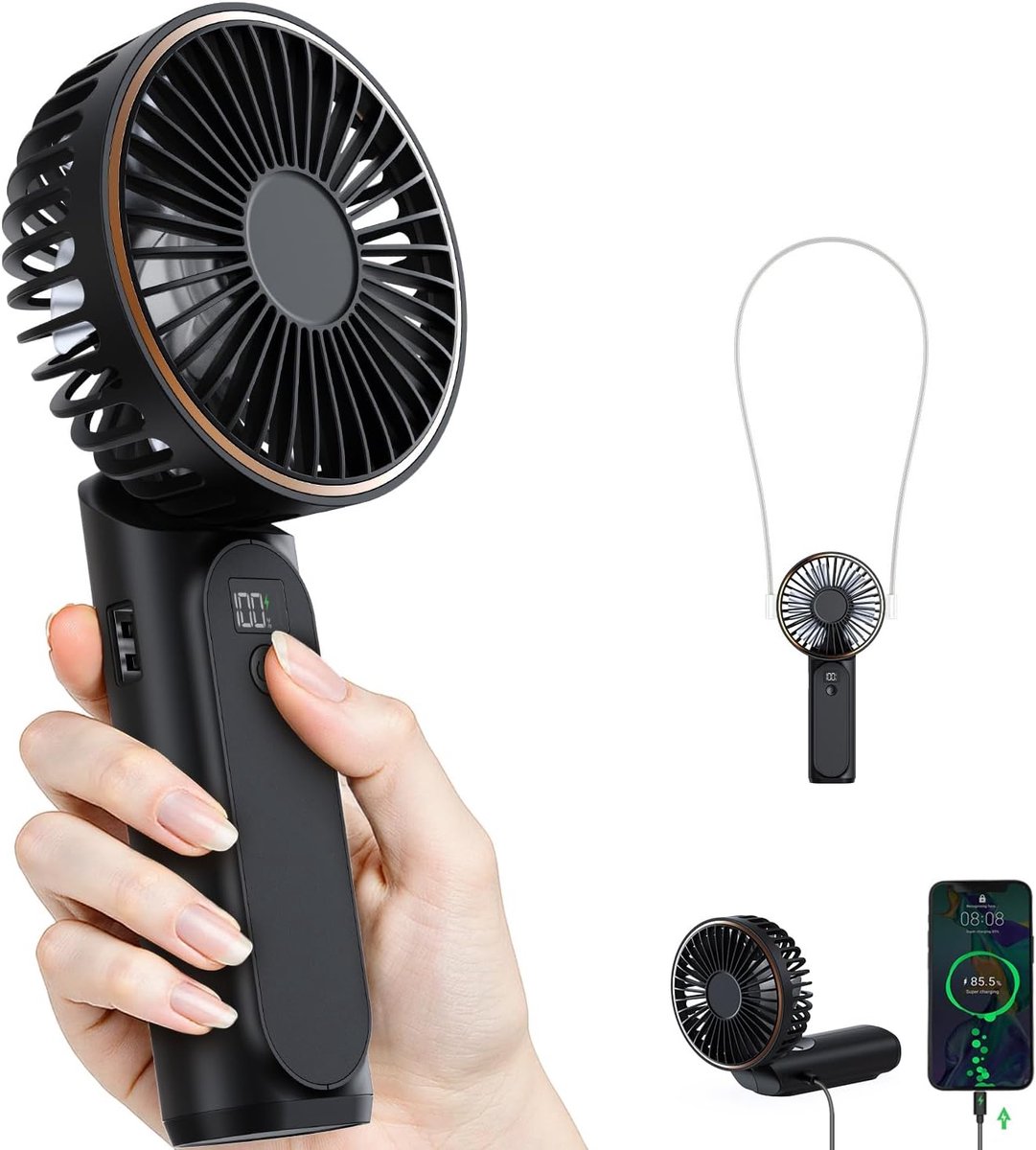 longziming - Mini Draagbare Ventilator Oplaadbaar - Mini Fan - Opvouwbare Handventilator Met Display - 180° Verstelbare Luchtstroom - 6 Snelheidsniveaus - Duurzaam ABS Kunststof - Ideaal Voor Reis En Kantoor - 1 Stuk