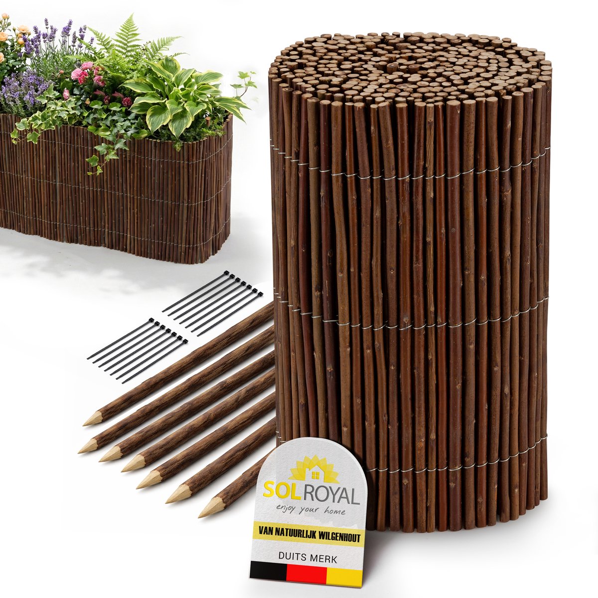 Sol Royal Wilgen Tuinrand 30 cm hoog – Flexibele Tuinrand Hout met 7 Grondpennen & 14 Kabelbinders – Lage Tuinomheining Wilgentenen Schutting Gazonrand Tuinafscheiding 30x300 cm – WB79