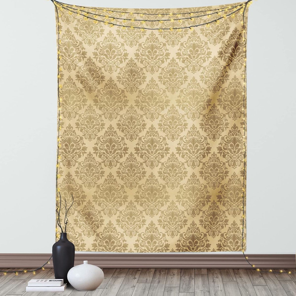 ABAKUHAUS herfstdamastwandtapijt, oosterse motief, woonkamer slaapkamerwanddoek zijdezacht satijn tapijt, 150 x 200 cm, Ecru en kameel