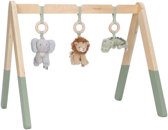 Houten babygym met hangende olifant, leeuw en krokodil speelgoedjes.