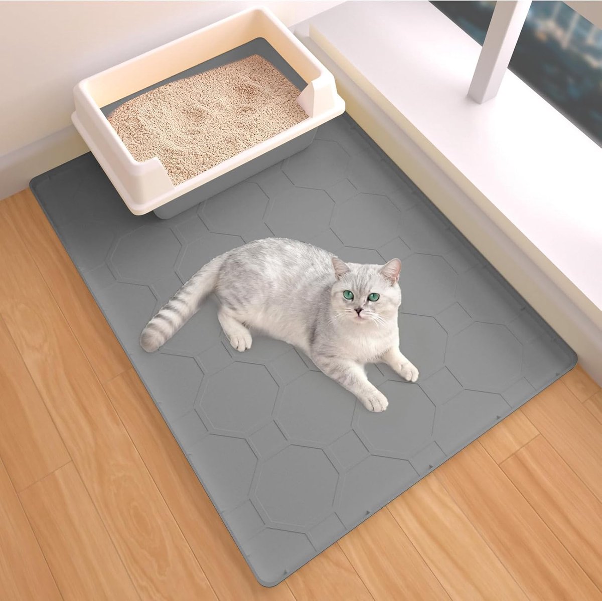 Siliconen kattenbakmat - huisdiermat - geschikt voor kattenbakken - houdt vloeren schoon - duurzaam en krasbestendig (grijs, 71 cm x 56 cm)