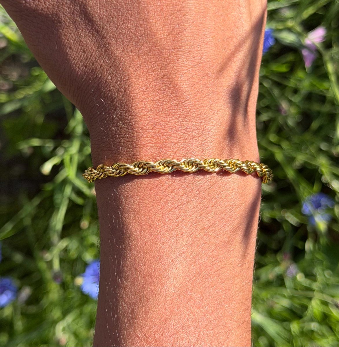 Cristaé Gouden Rope Armband Heren – 5mm Gevlochten Schakelarmband – Verstelbaar 18,5 + 5,5 cm – RVS Stainless Steel – Luxe Minimalistisch Sieraad
