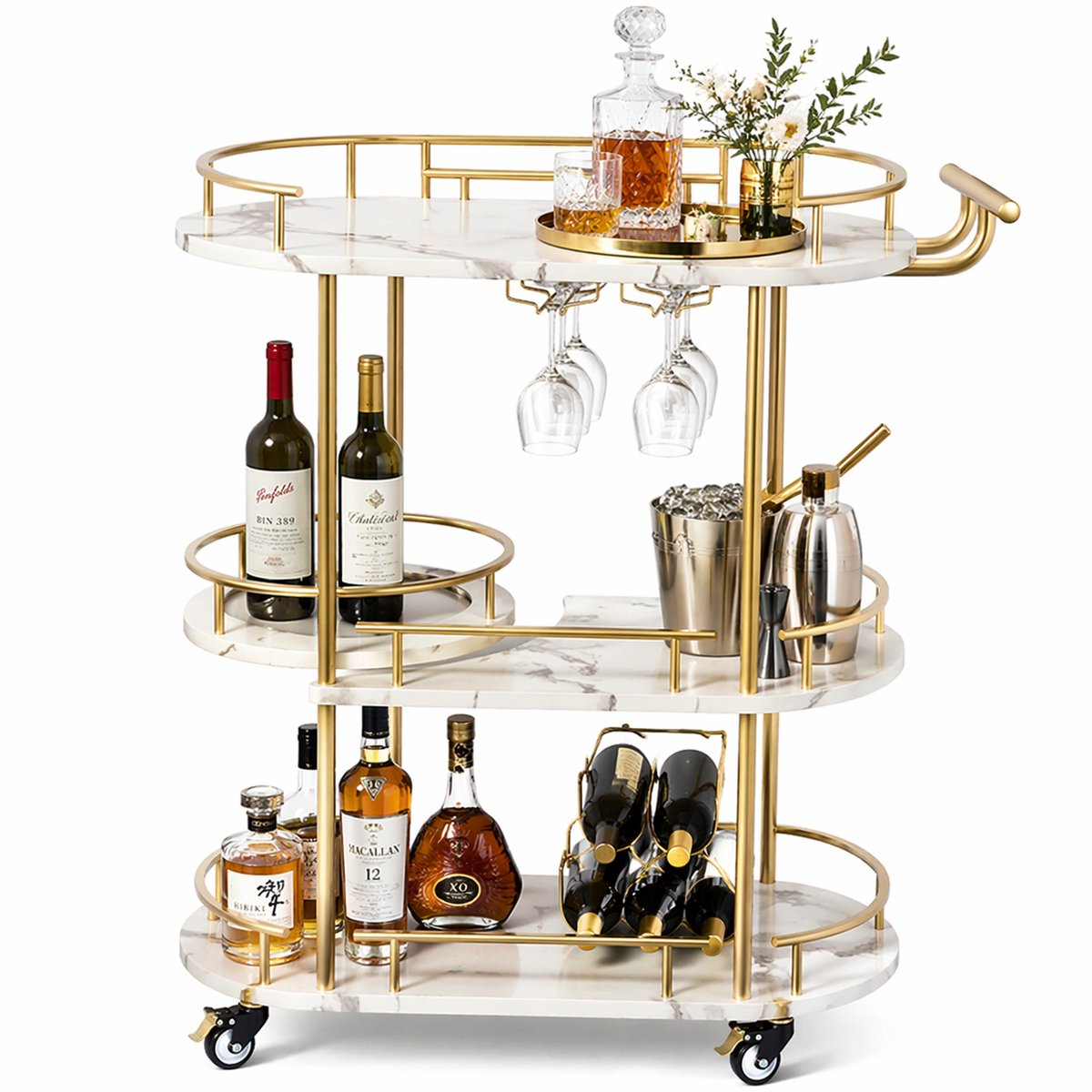 HomeGoodies - Serveerwagen met wijnrek en glashouder - Trolley keuken - 3-laags - Met wielen - 94×40×87cm - Wit/goudkleurig