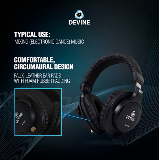 Zwarte Devine PRO 4000 hoofdtelefoon met tekst 'Typical use: mixing (electronic dance) music' en 'Comfortable, circumaural design'.