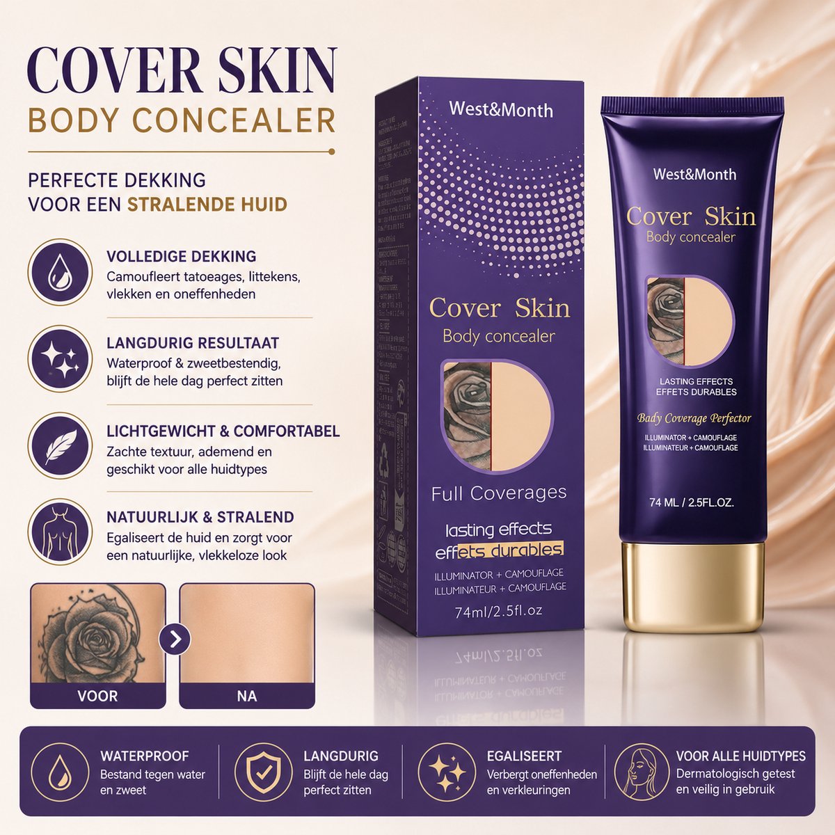 West&Month Beauty - Full Coverage Body Concealer - Tegen Tattoos, Moedervlekken, Pigmentvlekken & Littekens - Zachte Formule, Gemakkelijk Aanbrengen - Waterproof Formule - Voor Lichaam & Gezicht - 74ml