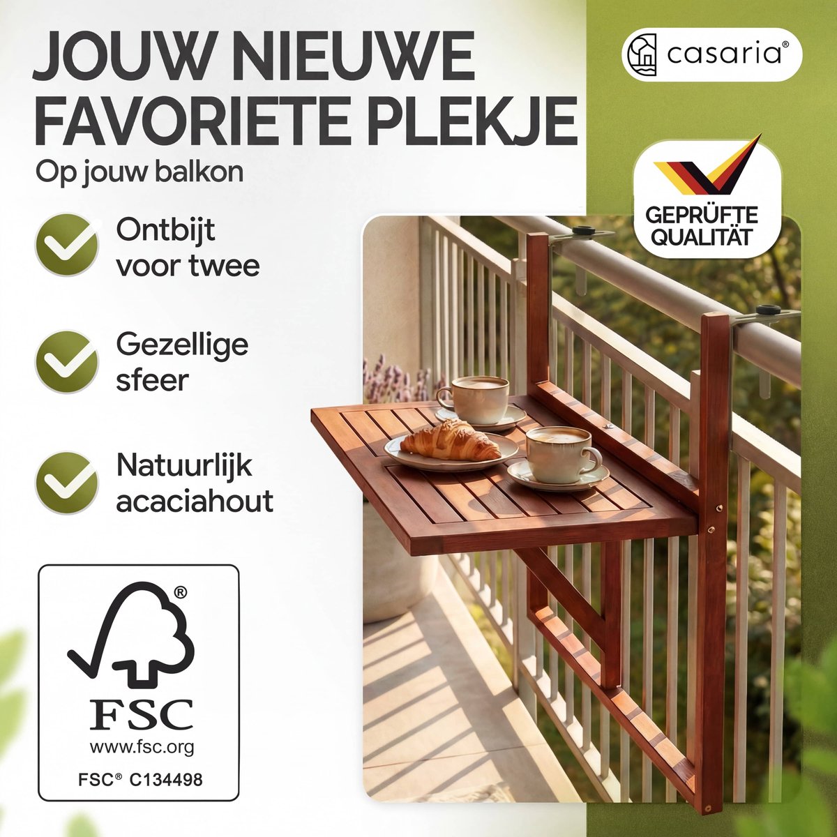 Casaria Balkontafel Hangend – 64 x 45 x 87 cm – FSC® Acaciahout – Bruin thumbnail 6