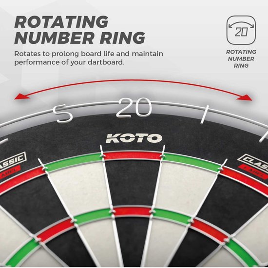 Close-up van een KOTO dartbord met de nummerring en "KOTO" logo.