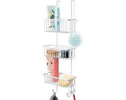 TIM® Doucherek aan Douchewand - Hangend Badkamerrek – Deurrek Met Mandjes – Doucheplank Met Haakjes – Ophangbaar Doucherek Zonder Boren - Wit - 23cm x 25cm x 75cm