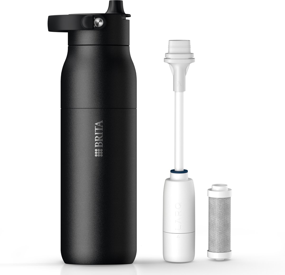 BRITA LARQ Essential waterfles met rietje en waterfilter - Zwart - 1000ml - RVS waterfles, dubbelwandige thermosfles (24h koud) incl. rietje & actieve koolstoffilter - filtert PFAS, chloor & meer