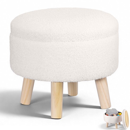 Pouf de rangement rond blanc avec revêtement teddy bouclé et pieds en bois. Une version miniature est visible avec un couvercle ouvert.