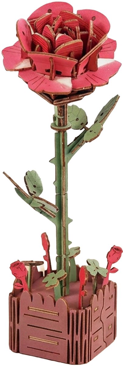 Inspirebox Modelbouwpakket Rode Roos - Decoratieve Bloem - 3D Houten Puzzel - 20 cm - Bouwpakket voor Volwassenen en Kinderen - Creatief Knutselen - DIY Modelbouwpakketten