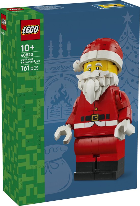 LEGO opgeschaalde Kerstman minifiguur in rood pak met zwarte riem en kerstmuts.