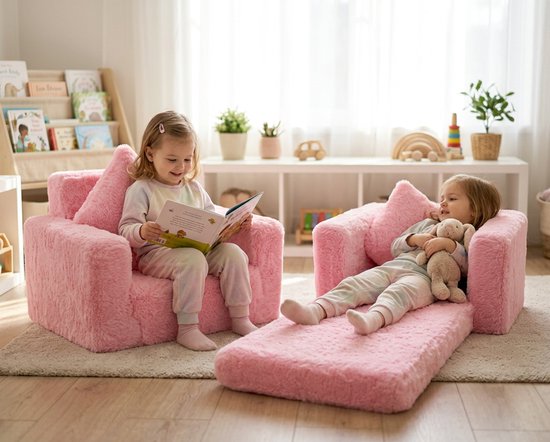 Kindvriendelijke opvouwbare pluchen kinderstoel met zitting en ligfunctie - comfortabel kids relaxfauteuil, roze pluche — afbeelding 4