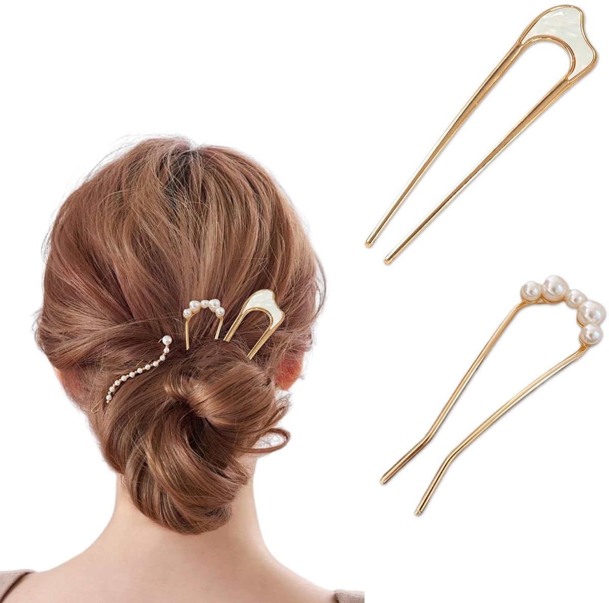 Dailygoods - Dailygoody - French Haarspeld - Metalen Haar Kammen - Elegante U-vormige Clip - Goud en Parel - Haaraccessoires voor Dames en Meisjes - 2 stuks