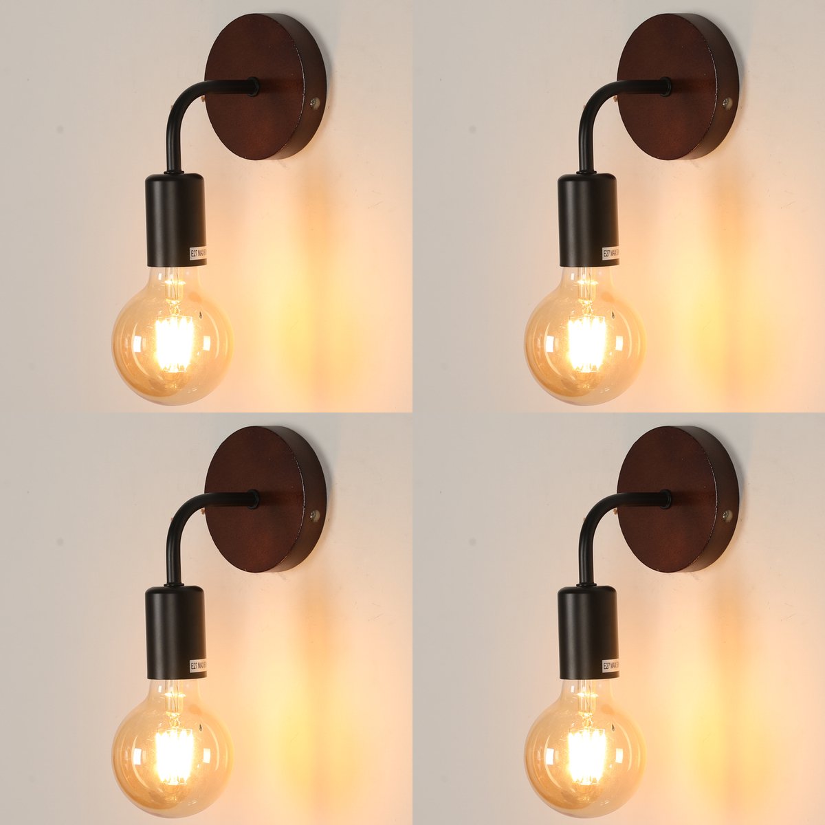 Haobosic Wandlamp Set van 4 - Hout & IJzer Design - 17cm - E27 Fitting - Zonder Lichtbron - Zwart + Walnoot - Modern - Voor Woonkamer Slaapkamer