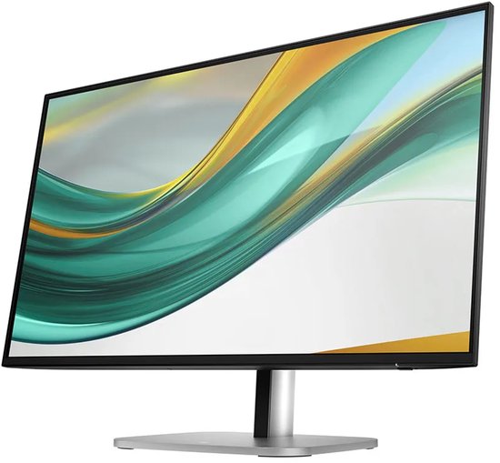 Schuine vooraanzicht van een zwarte monitor met een abstract patroon op het scherm.