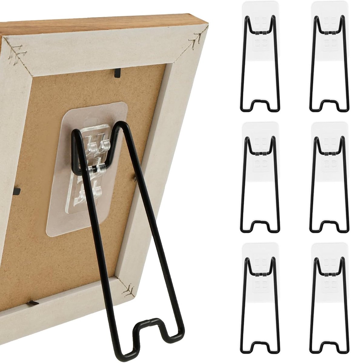 QTTVBTNA - 6 stuks Fotolijst Standaard – Zelfklevende Plaat Houder - Onzichtbare Wandhaak - Decoratieve Schermstandaard - Bohrvrije Installatie - Fotohouder voor Tafel of Kast - Ruimtebesparend Ontwerp - Ideaal Voor Kleine Keukens - Zwart