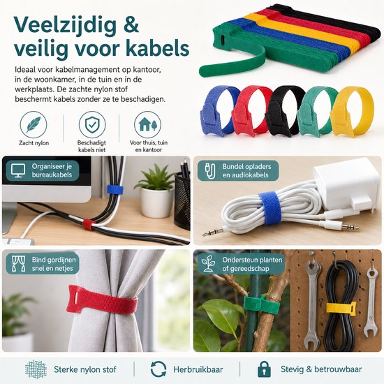 Veelzijdige en veilige kabelbinders van zacht nylon voor het organiseren van kabels op kantoor, thuis, in de tuin. Bundel opladers, gordijnen en ondersteun planten.