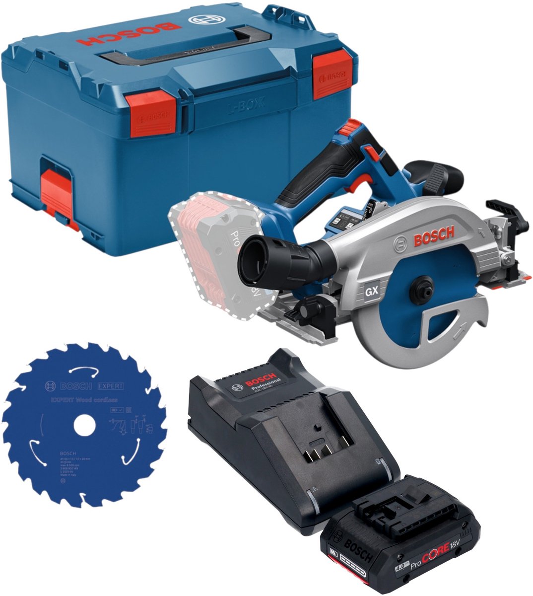 Bosch GKS 18V-57-2 GX Professional accu-cirkelzaag 18 V 165 mm borstelloos + 1x ProCORE-accu 4,0 Ah + oplader + L-Boxx