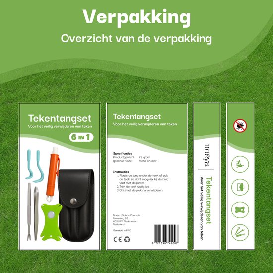 Noéya 6-in-1 tekentangset verpakking met pincet, haken, pen en etui tegen een groene achtergrond.
