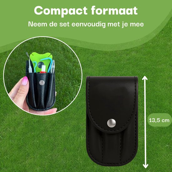 Compact formaat tekentang set in zwart leren etui, 13,5 cm, getoond in een hand met een slotje.