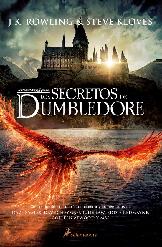 Boekcover van "Los Secretos de Dumbledore" met Zweinstein op de achtergrond, een vuurvogel op de voorgrond en tekst van J.K. Rowling.
