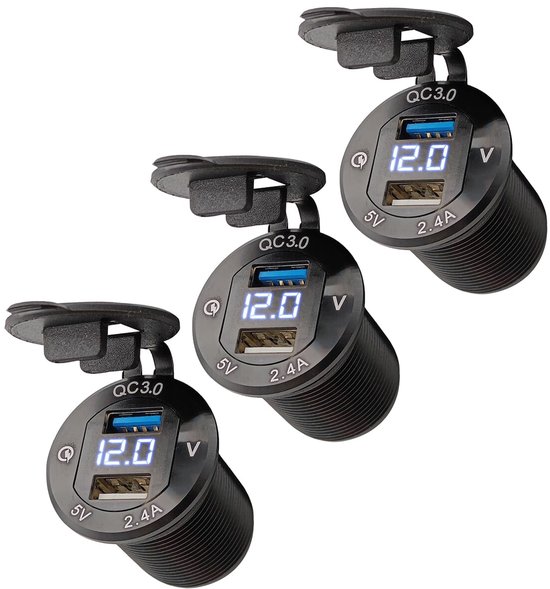 ProRide 12V USB Wandcontactdoos Inbouw - 2 USB Poorten - Voltmeter - 5V/2.4A - Blauw - Voor Auto Boot en Camper - 3 stuks