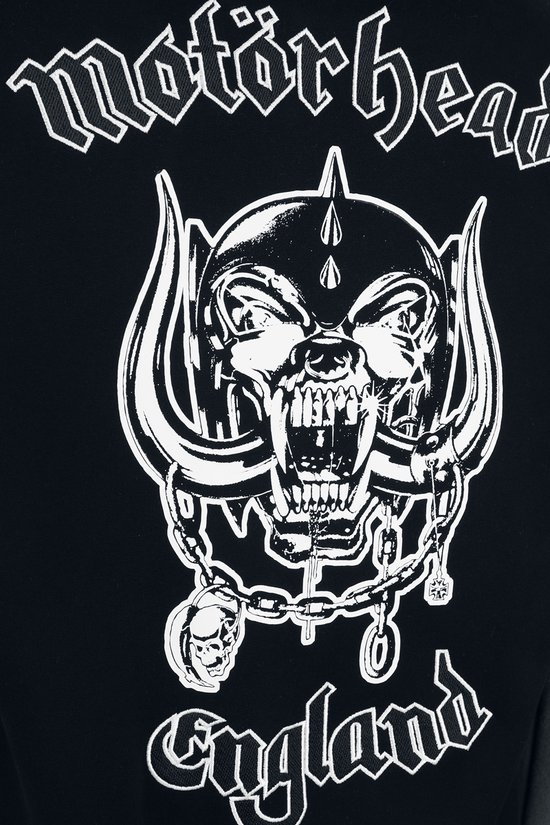 Witte borduursels met "Motorhead", een Warpig schedel met kettingen en "England" op een zwarte achtergrond.