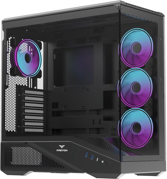 PREYON Nest Seaview ARGB - PC Behuizing - Incl. 4 Fans - Panoramisch Gehard Glas - ATX Gaming Case - USB-C