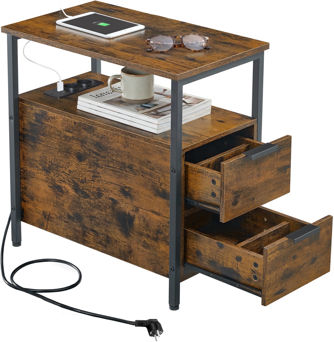 VASAGLE - Bijzettafel - Bijzettafeltjes Woonkamer - Met Stopcontact - 2 Lades - Vintage Stijl